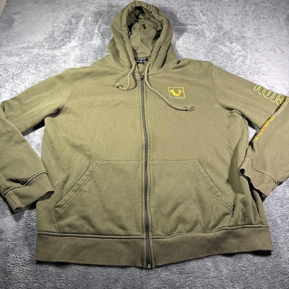 True Religion‎ Mens Olive Green Full Zip Hoodie Gold Logo Sleeve Graphic XL
